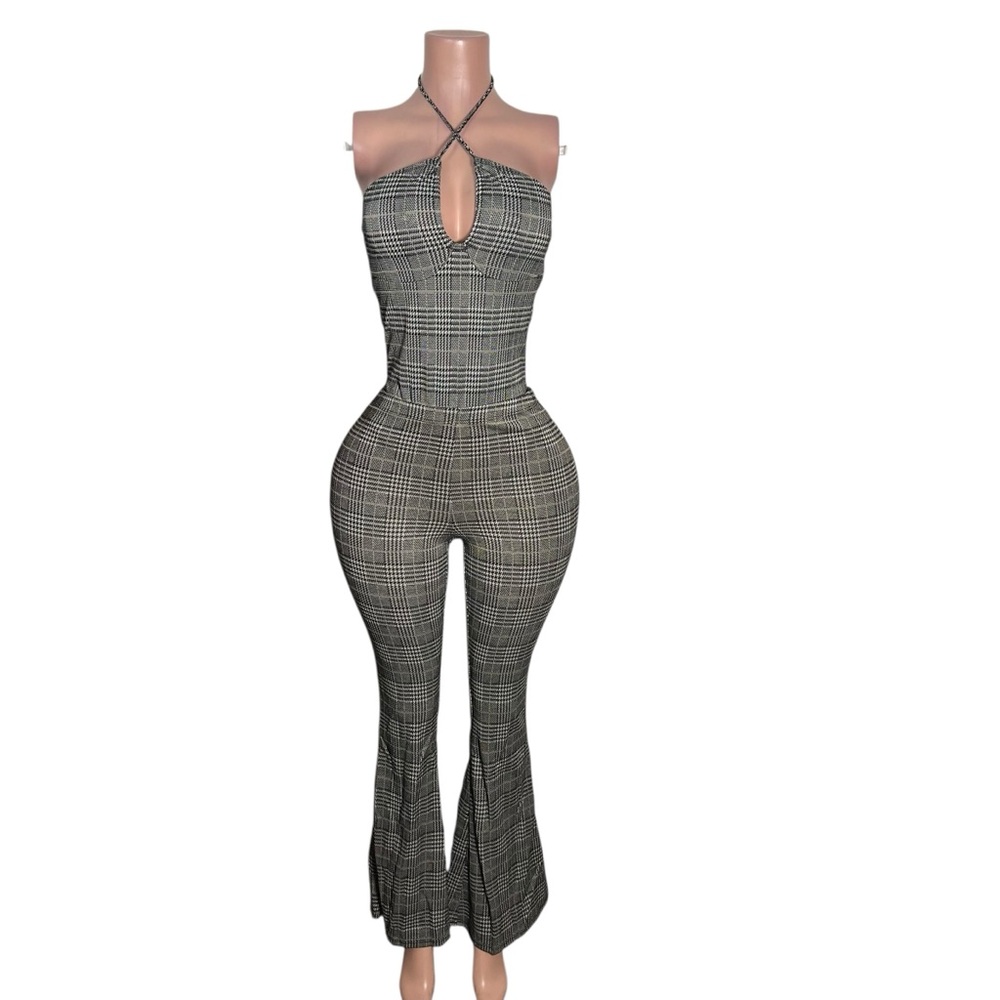Plaid Halter Jumpsuit with Flared Legs - Black/Grey